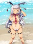  adapted_costume anchor_symbol ass_visible_through_thighs bangs bare_legs beach between_breasts bikini blue_sky blunt_bangs blush breasts brown_eyes cameltoe closed_mouth cloud collarbone commentary_request covered_nipples day feet_out_of_frame flower_knot groin hair_ribbon headgear kantai_collection legs_apart long_hair looking_at_viewer medium_breasts micro_bikini murakumo_(kantai_collection) navel necktie necktie_between_breasts ocean off_shoulder open_clothes open_shirt outdoors red_neckwear remodel_(kantai_collection) ribbon sailor_collar sameha_ikuya sand side-tie_bikini sidelocks silver_hair sky smile solo standing stomach string_bikini swimsuit swimsuit_over_clothes tan tassel thigh_strap thighs tress_ribbon wrist_straps 