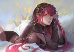  absurdres ass bangs bodysuit breasts circlet commentary fate/grand_order fate_(series) feet_out_of_frame hair_between_eyes hands_up highres large_breasts long_hair looking_at_viewer lying on_stomach open_mouth purple_bodysuit purple_hair qmo_(chalsoma) red_eyes red_lips ruby_(stone) scathach_(fate)_(all) scathach_(fate/grand_order) see-through sidelocks smile solo translucent veil very_long_hair 