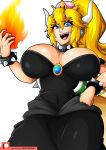  1girl black_dress blonde_hair blue_eyes bowsette bracelet breasts cleavage collar crown dress earrings eyebrows_visible_through_hair fangs fire horns jewelry large_breasts looking_at_viewer mario_(series) new_super_mario_bros._u_deluxe nintendo open_mouth ponytail simple_background solo spiked_bracelet spiked_collar spikes super_crown white_background witchking00 
