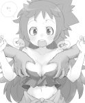  1girl :o blush breast_grab breasts cleavage commentary_request crop_top grabbing greyscale henyaan_(oreizm) made_in_abyss medium_breasts midriff mitty_(made_in_abyss) mitty_(made_in_abyss)_(human) monochrome navel open_mouth solo_focus speech_bubble surprised sweatdrop translation_request 
