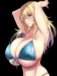  atago_(kantai_collection) bangs bare_arms bare_shoulders bikini bikini_top blonde_hair blue_bikini breasts cleavage closed_mouth collarbone eyebrows_visible_through_hair from_side front-tie_bikini front-tie_top green_eyes hair_between_eyes highres huge_breasts kantai_collection kloah long_hair looking_at_viewer navel sideboob simple_background smile solo stomach swimsuit underboob 
