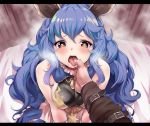  1girl animal_ears bangs bare_shoulders bed black_shirt blue_hair blush breasts breath brown_eyes buckle choker commentary_request erune eyebrows_visible_through_hair ferry_(granblue_fantasy) finger_in_another's_mouth from_above granblue_fantasy hair_between_eyes heart heart-shaped_pupils heavy_breathing kztk letterboxed long_hair long_sleeves looking_at_viewer medium_breasts open_mouth out_of_frame pov pov_hands red_choker shiny shiny_hair shirt sidelocks skirt sleeveless sleeveless_shirt solo_focus steam sweat symbol-shaped_pupils tongue tongue_out v_arms very_long_hair wavy_hair white_skirt 