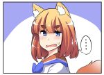  4koma animal_ears blonde_hair blue_eyes blush comic eyebrows_visible_through_hair eyes_visible_through_hair fang firefox fox_ears fox_tail gradient_hair highres hinghoi looking_at_viewer medium_hair multicolored_hair open_mouth orange_hair os-tan personification sailor_collar solo sweatdrop tail thought_bubble upper_body 