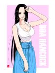  black_hair blue_eyes blue_nails blue_skirt boa_hancock breasts character_name chris_re5 cleavage earrings high-waist_skirt highres hoop_earrings jewelry large_breasts lips long_hair looking_at_viewer nail_polish one_piece parted_lips skirt solo very_long_hair 