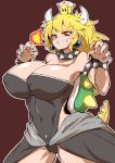  bare_shoulders black_leotard blonde_hair bowsette bracelet breasts brown_background cleavage clenched_teeth collar covered_navel crown earrings eyebrows eyebrows_visible_through_hair fire highres horns huge_breasts jewelry leotard mario_(series) new_super_mario_bros._u_deluxe pandain pointy_ears red_eyes short_hair simple_background smile solo spiked_armlet spiked_bracelet spiked_collar spikes super_crown tail teeth v-shaped_eyebrows 