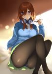  ass black_legwear blue_eyes blue_sweater breasts brown_hair closed_mouth collared_shirt commentary_request crossed_legs expressionless eyebrows_visible_through_hair feet_out_of_frame go-toubun_no_hanayome green_skirt gusset hair_between_eyes hair_twirling hand_up headphones headphones_around_neck highres knees_up long_hair looking_at_viewer medium_breasts nakano_miku panties panties_under_pantyhose pantyhose pleated_skirt see-through shirt sitting skirt sleeves_past_wrists solo sweater underwear white_shirt yykuaixian 
