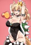  absurdres armlet armpits arms_behind_head black_legwear black_leotard blonde_hair blue_eyes bowsette breasts cleavage collar collarbone covered_nipples crown eyebrows eyebrows_visible_through_hair fire highres horns large_breasts leotard long_hair mario_(series) new_super_mario_bros._u_deluxe open_mouth pink_background ponytail simple_background solo spiked_armlet spiked_collar spikes super_crown tail thighhighs tongue tongue_out virusotaku 