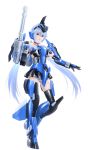  absurdres blue_eyes blue_hair eblmeka firearm frame_arms_girl full_body gatling_gun gun highres long_hair looking_at_viewer mecha_musume simple_background smile solo stylet twintails weapon white_background 