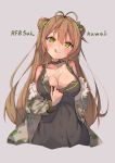  :p blush breasts brown_hair camouflage cleavage collarbone commentary_request cropped_torso double_bun eip_(pepai) girls_frontline green_eyes hair_ornament looking_at_viewer military_jacket rfb_(girls_frontline) solo teasing tongue tongue_out 