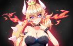  bowsette bracelet breasts cleavage collar collarbone crown dress earrings eyebrows_visible_through_hair fire gem horns jewelry large_breasts long_hair looking_at_viewer mario_(series) new_super_mario_bros._u_deluxe pointy_ears ponytail ripe.c sharp_teeth shell smile solo sparkle spiked_armlet spiked_bracelet spiked_collar spikes super_crown teeth thick_eyebrows upper_body 