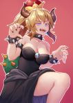  bare_shoulders black_dress blonde_hair blue_eyes bowsette bracelet breasts claw_pose cleavage collar collarbone colored_eyelashes crown dress fingernails horns jewelry kibanda_gohan leg_up mario_(series) nail_polish new_super_mario_bros._u_deluxe outline ponytail red_background sharp_fingernails sharp_teeth simple_background spiked_armlet spiked_bracelet spiked_collar spiked_shell spikes strapless strapless_dress super_crown teeth 