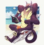  6_arms anthro arachnid arthropod beach dragon hybrid kaylinmangorian male multi_arm multi_limb muscular muscular_male purple_skin reading relaxing seaside solo spider 