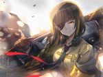 backlighting bangs beige_shirt black_gloves black_jacket black_neckwear braid breasts brown_hair capura_lin closed_mouth commentary_request ear_protection eyebrows_visible_through_hair eyepatch girls_frontline gloves head_tilt highres holding jacket long_hair m16a1_(girls_frontline) medium_breasts necktie open_clothes open_jacket over_shoulder shirt single_braid smile solo very_long_hair yellow_eyes 