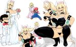  2girls armlet black_dress blonde_hair blush bouquet bowsette bracelet breasts bridal_veil bride collar commentary_request crown cuffs dress earrings facial_hair flower formal full_body garter_belt garter_straps groom handcuffs highres horns jewelry karakure_(kamo-nanban) looking_at_viewer mario mario_(series) midriff multiple_girls mustache new_super_mario_bros._u_deluxe overalls partial_commentary pink_dress princess_peach shackles sharp_teeth spiked_bracelet spiked_collar spiked_shell spiked_tail spikes spread_legs squatting strapless strapless_dress suit super_crown tail tan teeth thighhighs turtle_shell tuxedo veil wedding wedding_dress white_dress white_suit 