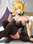  1girl bare_shoulders bed black_dress blonde_hair blue_eyes blush bowsette bracelet breasts cleavage collar crown dress earrings horns jewelry large_breasts mario_(series) nail_polish nintendo pillow pointy_ears sitting solo spiked_bracelet spiked_collar spikes super_crown thighhighs 