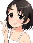  :3 asymmetrical_bangs bangs bare_shoulders black_eyes black_hair blush bunny_hair_ornament camisole collarbone commentary_request eyebrows_visible_through_hair fingernails flower hair_flower hair_ornament hairclip hand_up heart heart_in_eye idolmaster idolmaster_cinderella_girls nail_polish omaru_gyuunyuu parted_lips pink_lips pink_nails sasaki_chie short_hair simple_background smile solo symbol_in_eye v white_background 