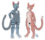  2018 anthro balls breasts cat claws digitigrade duo feline female flat_chested fur geordian grey_fur hand_on_hip hi_res male mammal nipples nude penis pose pussy rick_griffin signature simple_background striped_fur stripes 