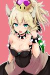  black_dress blonde_hair blue_eyes blush bowsette bracelet breasts cleavage collar commentary_request covered_navel crown dress earrings fangs forked_eyebrows horns jewelry looking_at_viewer mario_(series) medium_breasts new_super_mario_bros._u_deluxe open_mouth pink_background ponytail sen_(astronomy) short_hair simple_background sleeveless sleeveless_dress slit_pupils spiked_armlet spiked_bracelet spiked_collar spiked_shell spikes strapless strapless_dress super_crown thick_eyebrows turtle_shell 