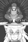  blush bowsette closed_mouth comic earrings eyebrows_visible_through_hair facial_hair gloves greyscale hat highres jewelry kouson_q looking_away mario mario_(series) monochrome mustache new_super_mario_bros._u_deluxe overalls ponytail silent_comic squatting staring sweatdrop 