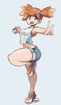  blue_eyes breasts commentary crop_top crop_top_overhang denim denim_shorts english_commentary fyxe grey_background holding holding_poke_ball kasumi_(pokemon) medium_breasts navel official_style one_side_up open_mouth orange_hair outstretched_arms poke_ball pokemon pokemon_(game) pokemon_lgpe shoes short_hair shorts slender_waist sneakers solo standing standing_on_one_leg sugimori_ken_(style) thick_thighs thighs 