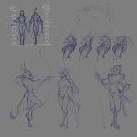  anthro avian bird bow chest_tuft crest feathers female flat_chested louis_m_de_la_girond&#039;arc_(artist) male melee_weapon monochrome nude polearm sketch spear staff tuft weapon wide_hips 