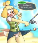  animal_crossing anthro beach blush bottomless canine clitoris clothed clothing dog english_text female fishing_rod isabelle_(animal_crossing) mammal maypul_syrup nintendo pussy pussy_juice seaside solo text torn_clothing video_games 