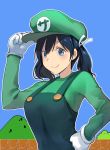  bangs blue_eyes blue_hair blue_hat blue_overalls blue_shirt blue_sky blush closed_mouth commentary_request cosplay day gloves green_hat green_shirt hand_on_headwear hand_on_hip hat highres kantai_collection long_sleeves looking_at_viewer luigi luigi_(cosplay) mario_(series) masukuza_j outdoors outline overalls shirt short_hair sky smile solo souryuu_(kantai_collection) super_mario_bros. twintails upper_body white_gloves white_outline 