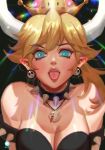  armlet bare_shoulders blonde_hair blue_eyes boo bowsette breasts cleavage collar crown dress earrings fangs horns jewelry large_breasts long_hair looking_at_viewer mario_(series) new_super_mario_bros._u_deluxe pointy_ears ponytail sharp_teeth solo spiked_armlet spiked_collar spikes super_crown suyoun_kang teeth tongue tongue_out upper_body 