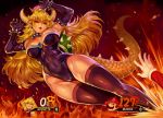 blonde_hair bodysuit bowsette breasts cameltoe choker cleavage crown elbow_gloves fire gloves horns kick long_hair male mario navel pointed_ears red_eyes skintight super_mario_bros super_smash_bros. tail thighhighs whistlerx wristwear 