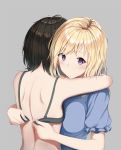  back black_hair blonde_hair blouse blush breasts from_behind fumei_(mugendai) grey_background hug looking_at_viewer maribel_hearn medium_breasts multiple_girls purple_eyes removing_bra short_hair simple_background touhou trembling undressing undressing_another unfastened upper_body usami_renko yuri 