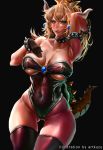  absurdres artist_name artofkuzu ass_visible_through_thighs bare_shoulders black_background black_footwear black_gloves black_leotard blonde_hair blue_earrings blush boots bowsette bracelet breasts brooch collar collarbone crown embers explosion fang_out gloves green_eyes hair_between_eyes hand_in_hair hand_on_own_chest highres horns jewelry large_breasts leotard light_particles lipstick long_hair looking_at_viewer makeup mario_(series) neck new_super_mario_bros._u_deluxe red_lipstick sapphire_(stone) shiny shiny_clothes shiny_skin simple_background slit_pupils solo spiked_bracelet spiked_collar spiked_shell spiked_tail spikes strapless strapless_leotard super_crown tail thick_thighs thigh_boots thigh_gap thighhighs thighs underboob_cutout wide_hips 
