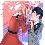  1girl bangs black_hair blue_eyes commentary_request cookie_uraaka couple darling_in_the_franxx dress face-to-face facing_another green_eyes grey_shirt hair_ornament hairband hand_on_another's_arm hand_on_another's_face hand_up hetero highres hiro_(darling_in_the_franxx) horns lipstick long_hair long_sleeves looking_at_another makeup military military_uniform necktie oni_horns pink_hair red_dress red_horns red_neckwear shirt tongue tongue_out uniform white_hairband zero_two_(darling_in_the_franxx) 