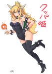  bad_id bad_pixiv_id black_legwear blonde_hair blue_eyes blush boots bowsette bracelet breasts carina_(xiaowoo) cleavage collar crown earrings fangs fire highres horns jewelry leotard long_hair mario_(series) medium_breasts navel new_super_mario_bros._u_deluxe ponytail spiked_anklet spiked_armlet spiked_bracelet spiked_collar spiked_shell spikes super_crown thigh_boots thighhighs turtle_shell 