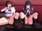  2girls black_hair blue_eyes blush bow bowtie breasts brown_hair cameltoe couch embarrassed feet gluteal_fold groin highres holding holding_microphone indoors large_breasts legs looking_at_viewer microphone multiple_girls music no_shoes oekakizuki open_mouth original panties school_uniform singing sitting skirt skirt_lift spread_legs thighs underwear uraaka_joshi_x_off-pako yellow_eyes 