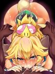  1girl absurdres angry armlet ass bangs black_nails blonde_hair blue_eyes blush bowsette breasts commentary_request crown cum cum_in_mouth cum_in_nose dark_skin dark_skinned_male deepthroat earrings eyebrows_visible_through_hair facial glaring hair_between_eyes heart heart-shaped_pupils hetero highres horn_grab horns irrumatio jewelry korean_commentary large_breasts looking_at_viewer mario_(series) nail_polish new_super_mario_bros._u_deluxe nose_blush nude oral overflow ponytail pov scowl spiked_shell spiked_tail spikes super_crown symbol-shaped_pupils tail tears top-down_bottom-up turtle_shell wwwazxc 