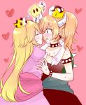  blonde_hair blush bowsette bracelet chiko_(mario) closed_eyes collar commentary_request crown earphones elbow_gloves face-to-face facing_another fangs floating gloves heart hug imminent_kiss jewelry jin_mocoyama long_hair looking_at_another mario_(series) multiple_girls new_super_mario_bros._u_deluxe open_mouth pink_background pink_gloves ponytail princess_peach puffy_short_sleeves puffy_sleeves short_sleeves spike spiked_armlet spiked_bracelet spiked_collar spiked_shell spikes super_crown turtle_shell very_long_hair yuri zzz 