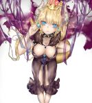  bare_shoulders blonde_hair blue_eyes bowsette bracelet breasts cleavage collar crown dress earrings hatey_hatety highres horns jewelry large_breasts long_hair looking_at_viewer mario_(series) new_super_mario_bros._u_deluxe pointy_ears ponytail pout solo spiked_bracelet spiked_collar spikes super_crown 
