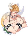  alfi_(tok) blush bowsette chest covering covering_chest cropped_torso embarrassed genderswap genderswap_(ftm) halterneck highres horns looking_at_viewer male_focus mario_(series) muscle new_super_mario_bros._u_deluxe nipple_slip nipples pectorals red_eyes self_fondle sharp_teeth solo spiked_shell spiked_tail super_crown tail teeth white_background 