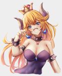  bare_shoulders black_dress blonde_hair blue_eyes bowsette bracelet breasts chococuco cleavage collar crown dress earrings highres horns jewelry large_breasts long_hair looking_at_viewer mario_(series) new_super_mario_bros._u_deluxe pointy_ears ponytail sharp_teeth solo spiked_bracelet spiked_collar spikes strapless strapless_dress super_crown teeth 