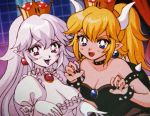  90s :d bare_shoulders black_nails blonde_hair blue_eyes bowsette bracelet breasts brooch claw_pose collar commentary crown dress earrings eyebrows_visible_through_hair fake_screenshot fangs ghost gloves horns jewelry long_hair luigi's_mansion mario_(series) medium_breasts mini_crown multiple_girls nail_polish new_super_mario_bros._u_deluxe oldschool open_mouth pikiru pointy_ears ponytail princess_king_boo puffy_short_sleeves puffy_sleeves purple_eyes purple_tongue sharp_teeth short_sleeves smile spiked_armlet spiked_bracelet spiked_collar spiked_shell spikes super_crown teeth tongue turtle_shell v-shaped_eyebrows vhs_artifacts white_dress white_gloves white_hair white_skin 