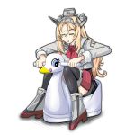  black_legwear blonde_hair breasts clenched_teeth closed_eyes commentary flower full_body headgear highres kantai_collection large_breasts long_hair military military_uniform nelson_(kantai_collection) potty red_flower red_rose riding rose simple_background sitting solo teeth thighhighs tk8d32 uniform white_background 