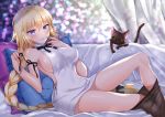  animal blonde_hair blue_eyes blush bow braids breasts cat couch cross dress fate/grand_order fate_(series) jeanne_d&#039;arc_(fate) long_hair naomi_(fantasia) necklace pantyhose ponytail ribbons sideboob undressing waifu2x wristwear 