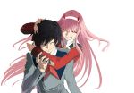  1girl bangs black_hair closed_eyes commentary_request couple darling_in_the_franxx fangs floating_hair hair_ornament hairband hand_on_another's_arm hand_on_another's_head hetero hiro_(darling_in_the_franxx) horns hug hug_from_behind long_hair long_sleeves military military_uniform necktie oni_horns orange_neckwear pink_hair red_horns red_neckwear uniform user_akmu8832 white_hairband zero_two_(darling_in_the_franxx) 
