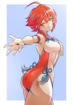  arms ass ass_visible_through_thighs bare_arms bare_legs bikini blue_background breasts butt_crack deekei fire_emblem fire_emblem_if hand_on_breast hands happy highres hinoka_(fire_emblem_if) legs looking_at_viewer one-piece_swimsuit orange_eyes reaching reaching_out red_bikini red_hair red_swimsuit short_hair simple_background smile solo swimsuit tassel thighs tight tomboy white_bikini white_swimsuit 