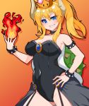  absurdres armlet armpits bangs bare_shoulders black_leotard black_skirt blonde_hair blue_eyes bowsette bracelet breasts cleavage collar collarbone commentary_request covered_navel covered_nipples crown dated earrings eyebrows_visible_through_hair fire flame from_side garter_straps gem gradient gradient_background grin hair_between_eyes hand_on_hip hand_up highres hips horns jewelry large_breasts leotard looking_at_viewer mario_(series) medium_hair new_super_mario_bros._u_deluxe orange_background pointy_ears ponytail sapphire_(stone) sharp_teeth shiny shiny_hair showgirl_skirt sidelocks signature skirt smile solo spiked_armlet spiked_bracelet spiked_collar spiked_shell spikes standing straight_hair strapless strapless_leotard super_crown teeth turtle_shell v-shaped_eyebrows z1004ero 