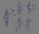 anthro avian bird chest_tuft crest feathers female flat_chested louis_m_de_la_girond&#039;arc_(artist) melee_weapon monochrome nude sketch sword tuft weapon wide_hips 