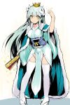  :d aqua_hair arm_up blush breasts cape closed_mouth commentary_request crown dragon_girl dragon_horns eyebrows_visible_through_hair fan fate/grand_order fate_(series) full_body fur-trimmed_cape fur_trim hair_between_eyes holding holding_fan horns japanese_clothes kimono kiyohime_(fate/grand_order) large_breasts long_hair long_sleeves looking_at_viewer obi open_mouth pelvic_curtain sash sen_(astronomy) short_kimono sidelocks simple_background sketch smile solo standing thighhighs very_long_hair white_background white_kimono white_legwear wide_sleeves yellow_eyes 