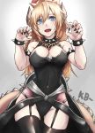  armlet ass_visible_through_thighs bare_shoulders black_legwear black_leotard black_nails blonde_hair blue_eyes blush bowsette bracelet breasts claw_pose cleavage collar commentary covered_navel crown fingernails garter_straps gem hair_between_eyes horns jewelry kb-5 large_breasts leotard long_fingernails long_hair looking_at_viewer mario_(series) nail_polish new_super_mario_bros._u_deluxe open_mouth solo spiked_bracelet spiked_collar spiked_shell spiked_tail spikes super_crown tail thighhighs turtle_shell 