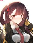  3: absurdres asymmetrical_bangs backlighting bangs black_gloves black_jacket blazer bloom blush breasts chin_rest closed_mouth disconnected_mouth eyebrows_visible_through_hair framed_breasts girls_frontline glint gloves hair_ribbon half_updo highres jacket long_hair long_sleeves looking_at_viewer necktie nose_blush purple_hair red_eyes red_neckwear red_ribbon ribbon simple_background solo upper_body wa2000_(girls_frontline) white_background yanggang 