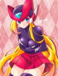  1girl android blonde_hair blue_eyes blush breasts camellia36kiyo character_name covering covering_breasts embarrassed female genderswap genderswap_(mtf) hands_on_own_chest helmet long_hair miniskirt patterned_background red_skirt rockman rockman_zero skirt solo thighhighs 